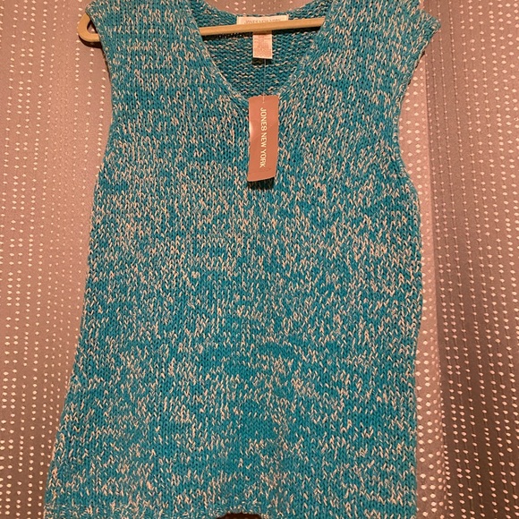 Jones New York size XL woman's sleeveless top. Turquoise and cream knit. - Picture 5 of 11